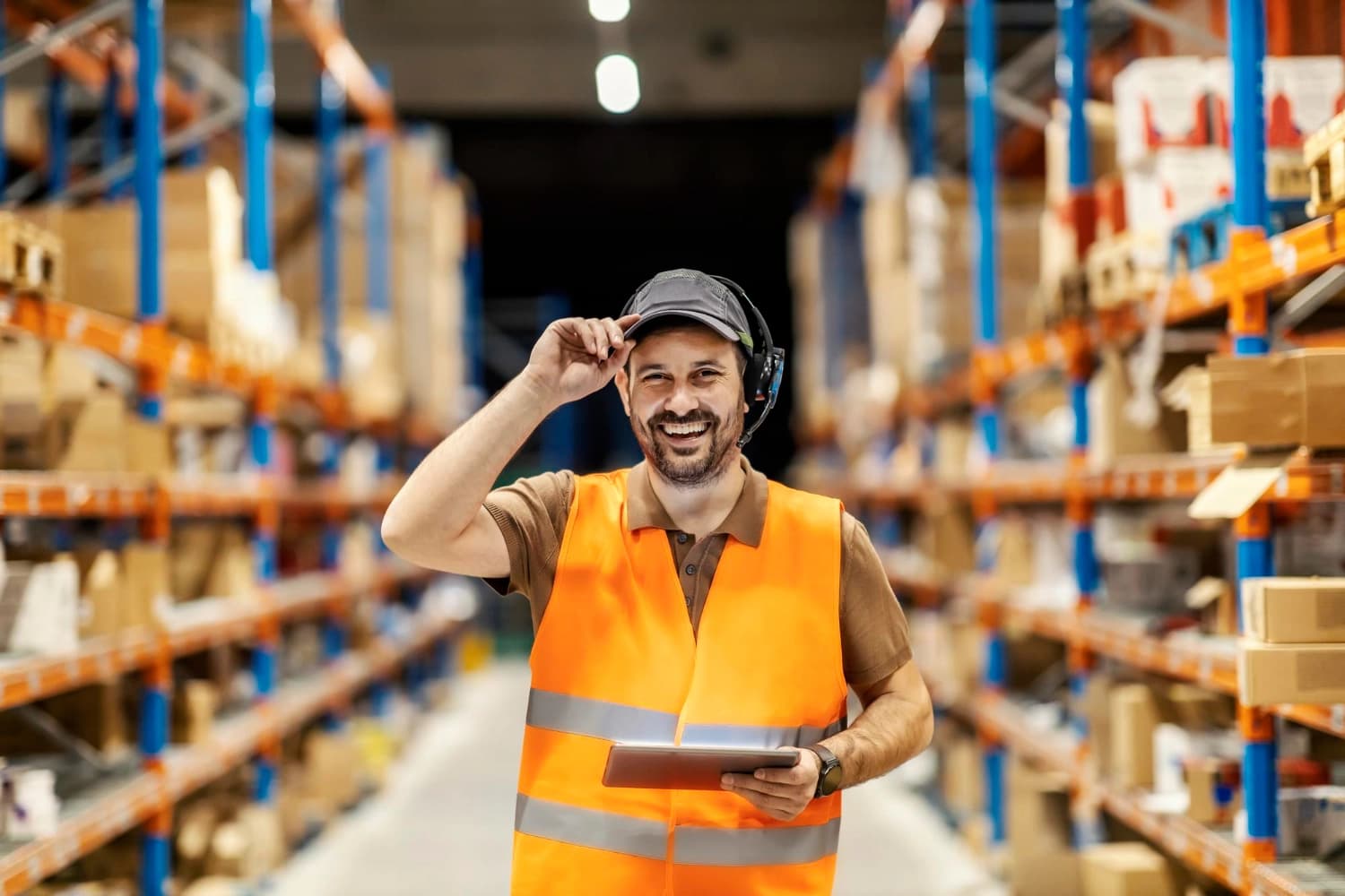 Warehouse operator scanning inventory with a handheld barcode scanner